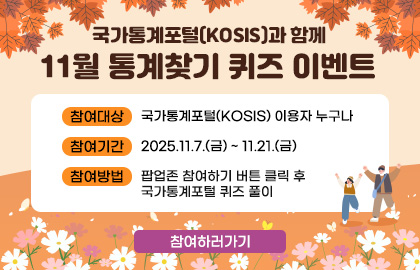 국가통계포털(KOSIS)과 함께 11월 통계찾기 퀴즈 이벤트, 대상: 누구나, 기간: 25.11.7.(금)~21.(금)